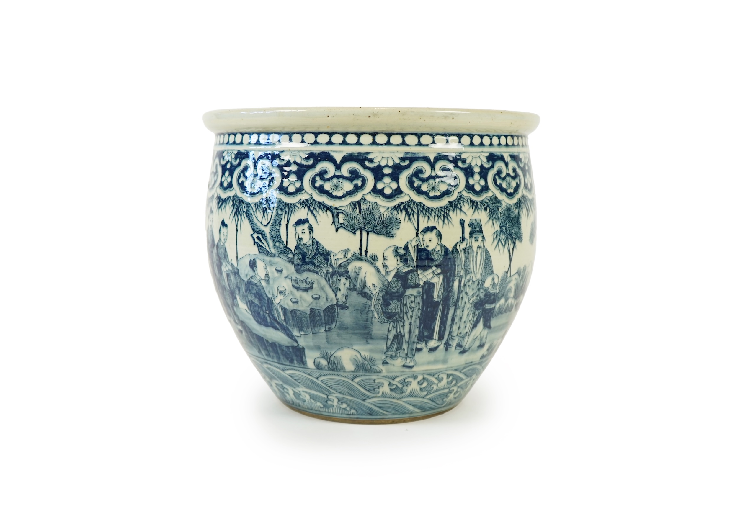 A large Chinese blue and white ‘sages’ fish bowl, early 20th century